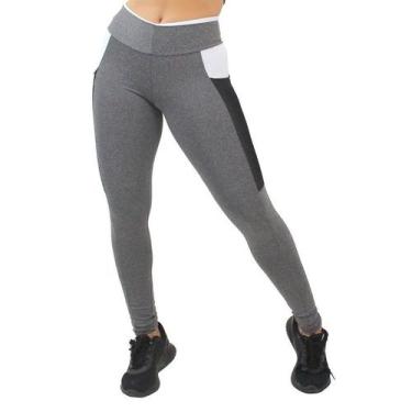 Calça legging fitness montaria com bolso e cós largo mescla cinza