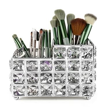 Imagem de Suporte de pincel de maquiagem de cristal, organizador de pincéis quadrado de uma peça, recipiente de armazenamento de pincéis de cosméticos para mesa, cômoda, banheiro, organização de quarto (prata)