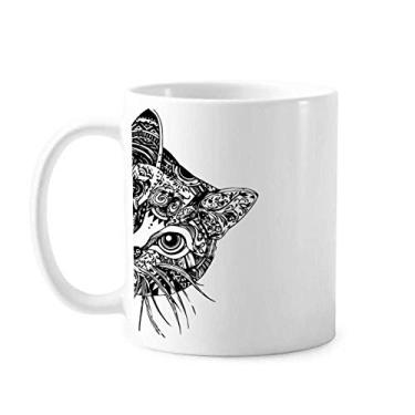 Imagem de Caneca de cerâmica de café porcelana com cabeça de gato preta com desenho de linha