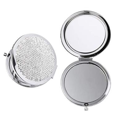 Imagem de 2 Unidades Espelho Dobrável Dupla Face Diamond Espelhos Faciais Compactos Pequeno Espelho Compacto Espelho Compacto Para Bolsa Espelho De Maquiagem Metal Strass Mulheres Branco