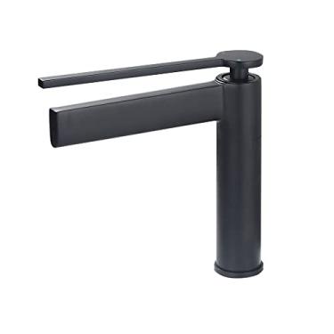 Imagem de Misturador de pia de banheiro Torneira de latão Misturador de lavatório Montado no convés Alça única Bico longo Quente e frio, preto curto