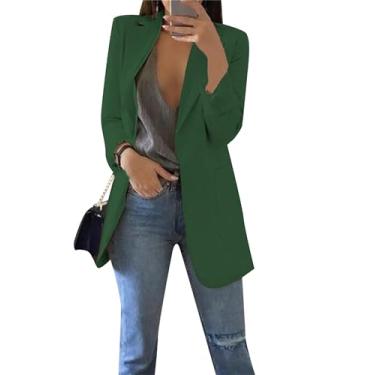 Imagem de BOFETA Blazer feminino cor sólida cardigã casual manga longa blazer plus size com bolsos, Verde escuro, GG