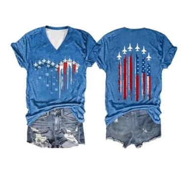 Imagem de Camiseta feminina de 4 de julho com bandeira dos EUA, Dia da Independência, túnica com estampa de coração patriótico, blusa de manga curta e gola V, Azul, M