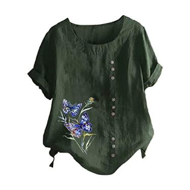 Imagem de Camiseta feminina de linho, borboleta, estampada, gola redonda, botão, manga curta, caimento solto, túnica, camisa de verão, GN2, PP