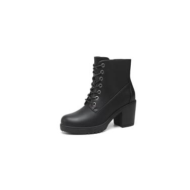 Imagem de TYNDALL Botas femininas de salto grosso, salto alto, com cadarço, zíper lateral, botas para meninas, pretas, Preto - PU, 38