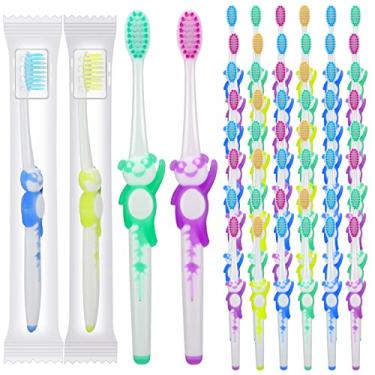 Imagem de Bokon 100 escovas de dentes para crianças, embaladas individualmente, macia, descartável, escova de dentes manual panda a granel, escova de dentes para viagem, com alça de borracha de cerdas para