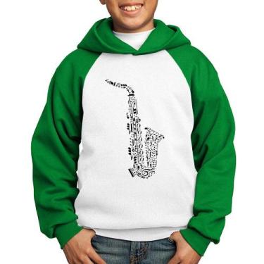 Imagem de Moletom Infantil Saxofone Notas Musicais - Foca na Moda, Branco, Verde