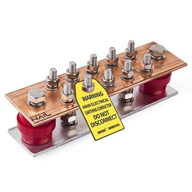 Imagem de GOUNENGNAIL - Kit de barra de aterramento de cobre montada na parede .398.8 cm x 6.0 cm x 20.0 cm barra de barramento 5/40.6 cm x 10 posições terminais, isoladores SM40 reconhecidos pela UL