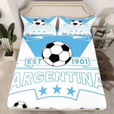 Imagem de Feelyou Jogo de lençol solteiro com tema de futebol americano, Argentina e adolescentes, azul e branco, 2 peças, 1 lençol com elástico + 1 fronha (sem lençol de cima)