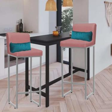 Imagem de Kit 02 Banqueta Alta com Encosto Lucca Industrial Cozinha Balcão Ferro Cinza Suede Rose Gold e Almofada Azul Turquesa - Ahz Móveis