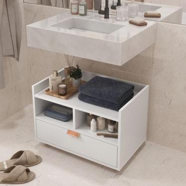 Imagem de Gabinete Armário Banheiro Pia De Coluna Branco Com Rodízios Cobreado P