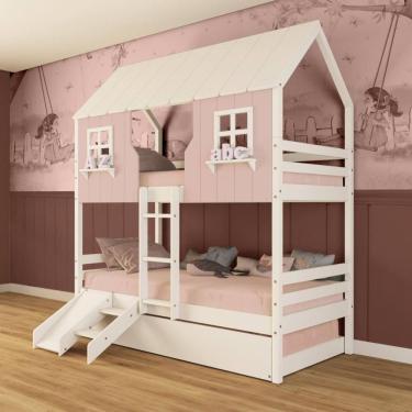 Imagem de Treliche Casinha Encantada Com Kit Escada/ Escorregador Madeira Maciça Rosa/ Branco Megamobilia