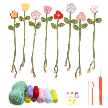 Imagem de ASDIIT Kit de 8 peças de marcadores de página de flores de crochê para iniciantes Amigurumi, kit de flores tricotadas para Dia das Mães, Dia dos Namorados, presentes de Natal para mulheres - com vídeo