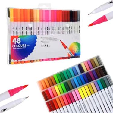 Imagem de Canetinha Ponta Dupla para Colorir Kit Estojo de Canetas Escolar Marcador Coloridas Permanente Duas Pontas Desenho Ponta Fina (48 CORES)