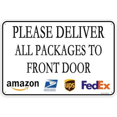 Imagem de WAGSUO Placa de metal de estanho 30 x 20 cm. Entregue todos os pacotes para a porta da frente composto de alumínio para entrega ao ar livre em casa placas personalizadas para quintal e casa