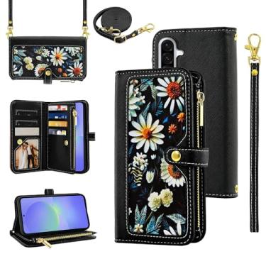 Imagem de Furiet Capa carteira floral para Samsung Galaxy A56 5G com alça de pulso/ombro flip com zíper, suporte de cartão de crédito de couro PU de luxo acessórios para celular A 56 56A LTE feminina preta