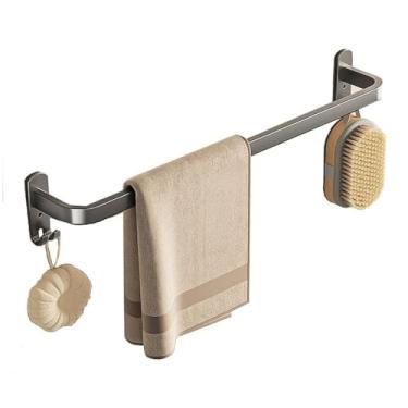 Imagem de organizador de prateleira de banheiro Toalheiro, barra de toalha de banheiro montada na parede com 2 ganchos, gancho de toalha de alumínio sem broca, haste de toalha moderna para decoração de casa