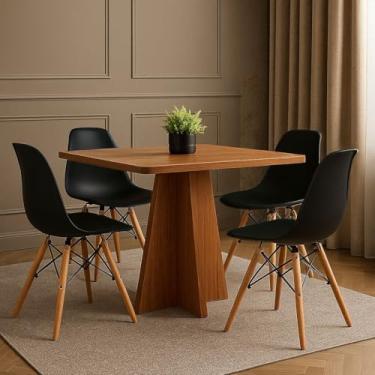 Imagem de Mesa Quadrada de Madeira Maciça 80x80 Freijó + 4 Cadeiras Eiffel Pés de Madeira - Jantar, Cozinha (Cadeiras Pretas)