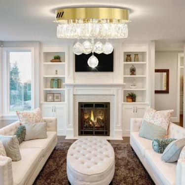 Imagem de Mini lustre de 30,5 cm de diâmetro para corredor, lustres de teto de cristal para sala de jantar, quarto, sala de estar, entrada, cozinha (luminária de teto dourada)