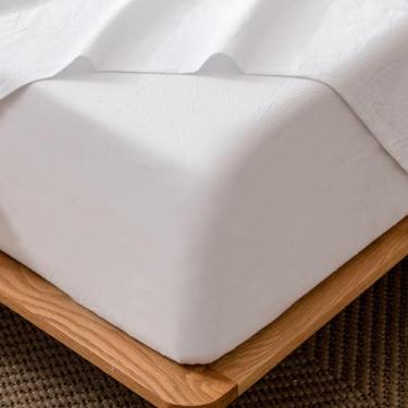 Imagem de MooMee Lençol de baixo com elástico, 100% algodão lavado, texturizado, respirável, durável, macio, confortável, bolso profundo para colchões de até 43 cm (branco brilhante, solteiro)