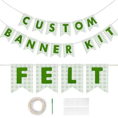 Imagem de Kit de banner personalizado, 28 faixas de serapilheira verde guingão impressas com 92 letras de feltro verde, faça seu próprio kit personalizável para decorações de festa de casamento de aniversário