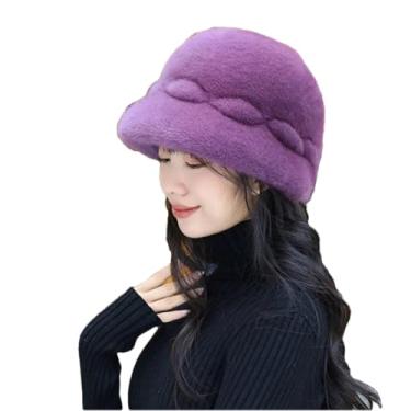 Imagem de Chapéu feminino elegante de pelúcia quente chapéu coreano casual chapéu de pescador espesso inverno roxo M