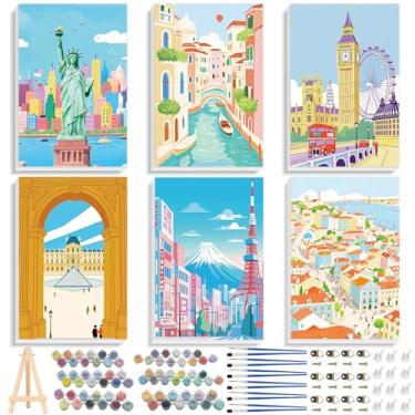 Imagem de EggSun Kit de pintura emoldurada por números para adultos, iniciantes com cavalete de madeira, kits de pintura a óleo acrílica DIY por números em tela para decoração de casa (cenário-paisagem urbana