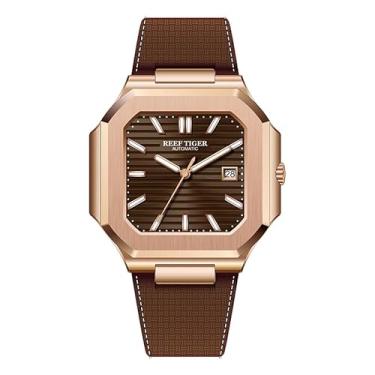 Imagem de REEF TIGER RT Relógio masculino quadrado automático, ponteiros luminosos, função de data, pulseira de couro azul, relógios mecânicos modernos RGA2015, RGA2015-POWL, Mecânico, automático, relógio