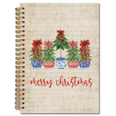 Imagem de Exqcom Caderno espiral de árvore de Natal chinoiserie vermelho e azul, diário retrô de Natal da Grandmillennial para mulheres, caderno de capa dura com laço vermelho preppy, material escolar, 14 x 21