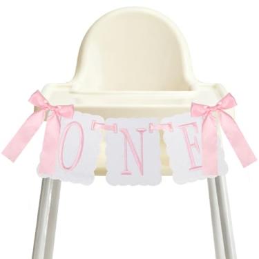 Imagem de Mioxskrey Decoração de 1º aniversário com laço rosa, faixa pré-amarrada de uma cadeira alta para bebê doce, faixa de primeiro aniversário, decorações de feltro bordadas para decoração de festa com