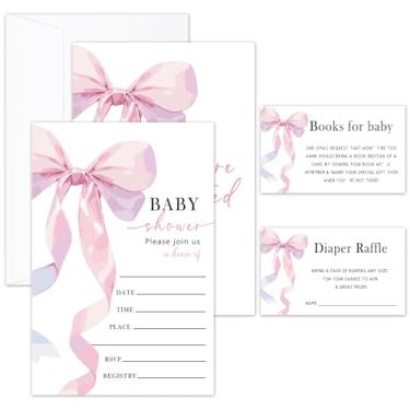 Imagem de Conjunto de convites para chá de bebê, convites de chá de bebê com laço rosa para meninas, 25 convites com envelopes, cartões de solicitação de livro e ingressos de sorteio de fraldas, suprimentos de
