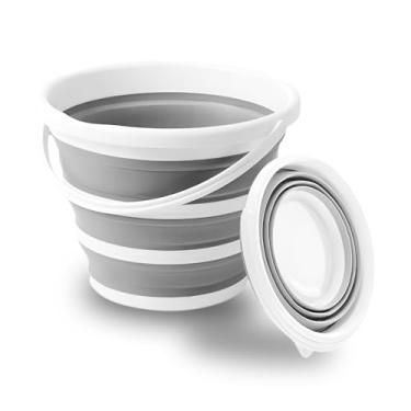 Imagem de Balde Retrátil de Silicone 10 Litros com Alça Dobrável Fácil Armazenagem Multiuso Branco e Cinza Premium