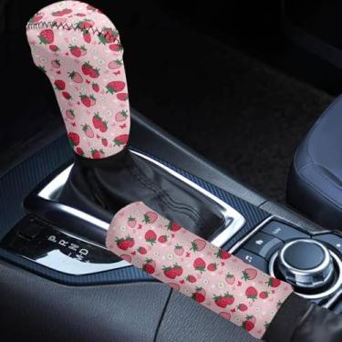 Imagem de Horeset Capa de câmbio de freio de mão de carro morango rosa antiderrapante confortável protetor de alavanca de freio de mão de veículo silicone capa universal para a maioria dos carros