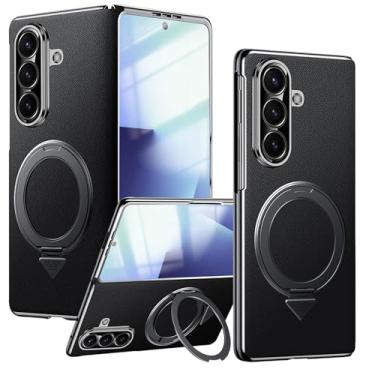 Imagem de YQODSZ Capa magnética para Samsung Galaxy Z Fold 7 com suporte de anel, design de uma peça, protetor de tela integrado, compatível com proteção de dobradiça Magsafe, capa fina de couro genuíno para Z