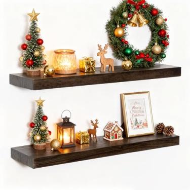 Imagem de Prateleiras flutuantes rústicas de 61 cm de comprimento, prateleiras flutuantes de madeira sólida de olmo para parede, prateleiras de armazenamento montadas na parede para sala de estar, quarto