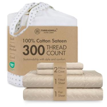 Imagem de Threadmill Jogo de cama casal de algodão | 100% algodão para cama de casal | Conjunto de lençóis de casal Damasco Jacquard com bolso profundo de 40,6 cm | Conjunto de cama refrescante de 4 peças de