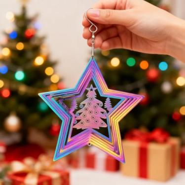 Imagem de Arco-íris 14 cm de diâmetro, 3D, estrela de cinco pontas, padrão de árvore de Natal, enfeite de sinos de vento, decoração de jardim de metal para jardim e quintal