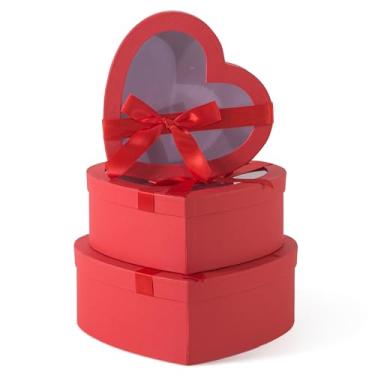Imagem de Soul & Lane Caixas de presente em forma de coração vermelho com tampas transparentes e laços decorativos: conjunto de 3 caixas de coração de papelão para flores, chocolates, caixa grande para arranjos