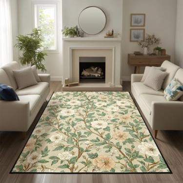 Imagem de keepcute Tapete floral vintage, 1,5 x 2,1 m, antiderrapante, folhas verdes e flores brancas, decoração para sala de estar, quarto, sala de estar, estudo, tapete