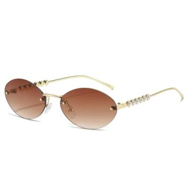 Imagem de HPIRME Óculos de luxo sem armação com lentes degradê para mulheres e óculos masculinos com detalhes em pérola e proteção UV400 (cor chá duohua dourado).