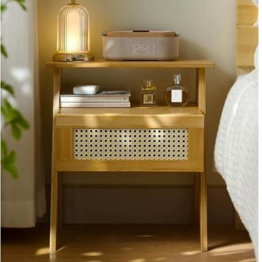 Imagem de Mesa de cabeceira, armário de armazenamento de madeira maciça, prateleira de quarto, armário de armazenamento duplo com gavetas, mesa lateral de sofá (cor: A) (B)