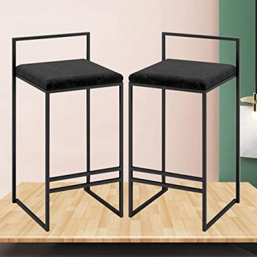 Imagem de KIDYBO Conjunto de 2 banquetas de veludo pretas para balcão de cozinha para café da manhã, cadeiras de jantar com encosto e apoio para os pés, bancos de bar domésticos para café da manhã/sala de