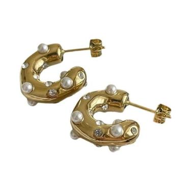 Imagem de Brincos De Argola Redondos Em Aço Inoxidável Com Cristais Dourados Par