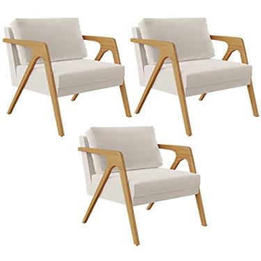 Imagem de Kit 03 Poltronas Decorativas Para Sala Estar Pietra Estrutura De Madeira L02 Linho Cru - Lyam Decor