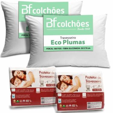 Imagem de Kit 2 Travesseiro Fibra Siliconada Lavável Antialérgico Macio 50x70cm + 2 Capas Impermeável BF Colchões
