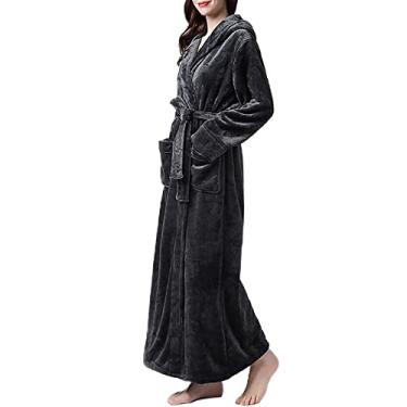Imagem de Robe longo feminino macio de pelúcia plus size pijama masculino inverno quente confortável comprimento total roupão de banho grande e alto, cinza feminino, GG (80