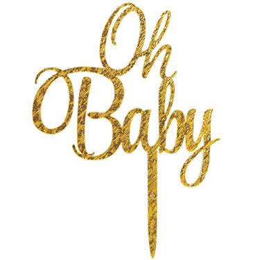 Imagem de Oh Baby Cake Topper Gold Glitter para chá de bebê Topos de bolo para meninos Oh Cake Topper para decoração de bolo de festa de aniversário de bebê menina