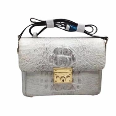 Imagem de Bolsa mensageiro feminina de couro de jacaré autêntica com pele de crocodilo genuína, bolsa de ombro feminina, Branco, 24cm(Length) x 18cm(Height) x 10cm(Deep)