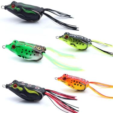 Imagem de EXAURAFELIS 5 peças iscas de pesca, iscas de sapo, iscas de sapo, raio, água, topo, iscas de robalo, iscas de pesca para cabeça de cobra, almiscarado, sem ervas daninhas, água doce, macio com caixa de