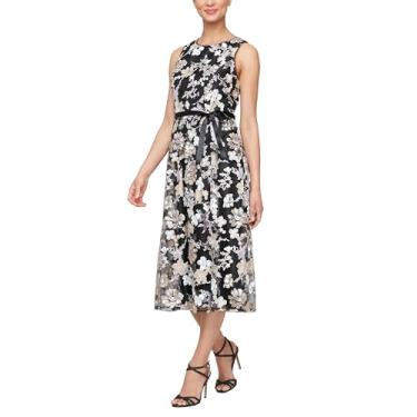 Imagem de Alex Evenings Vestido feminino midi sem mangas com bordado elegante, saia completa e cinto de amarrar (tamanhos pequenos e regulares), Preto Multi, 50